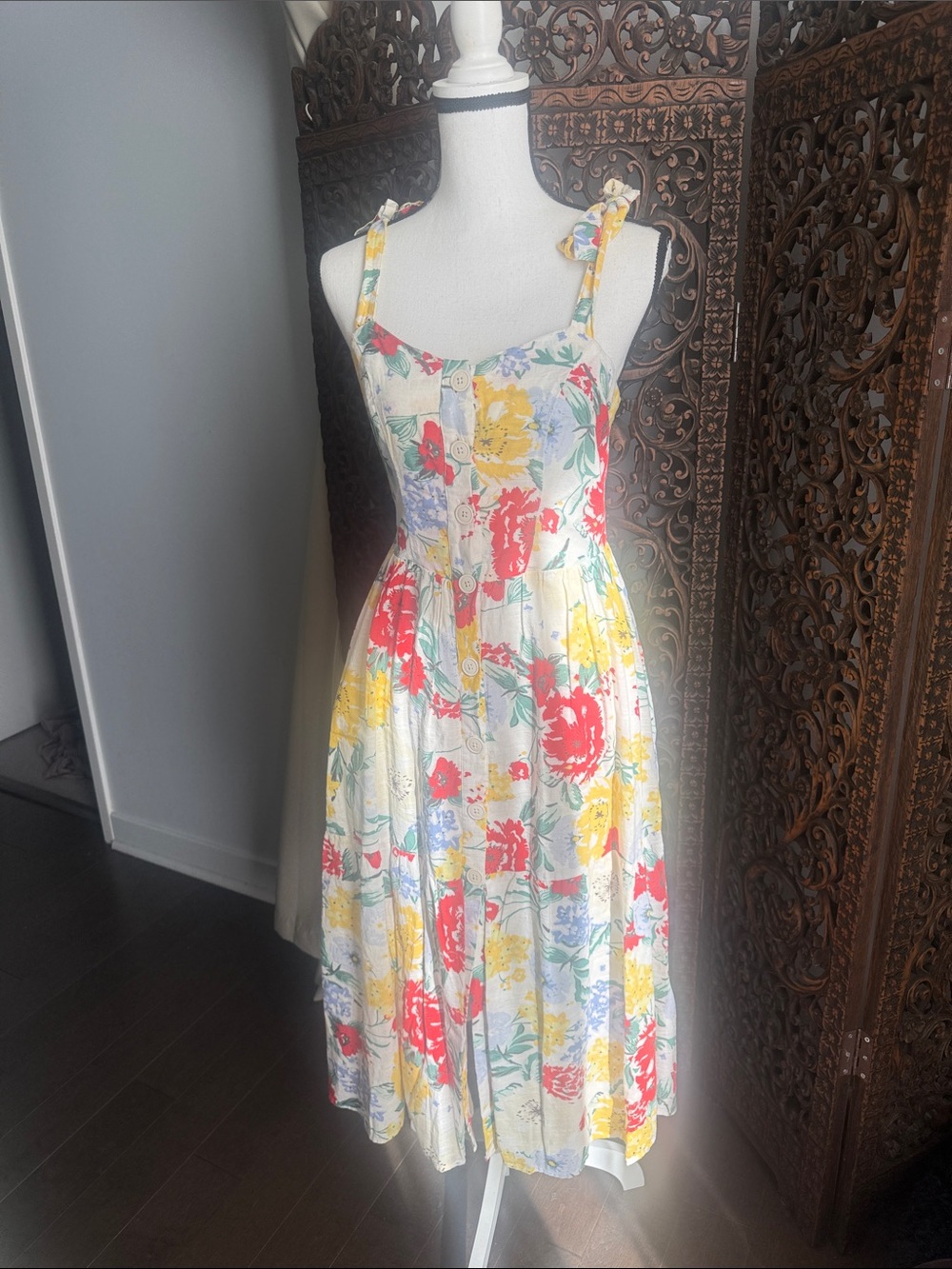 Urban Outfitters White Midi Linen Dress with Red & Yellow Floral Print